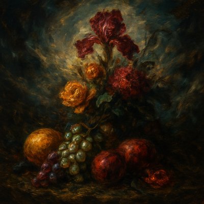 still life arrangement of fruits and flowers