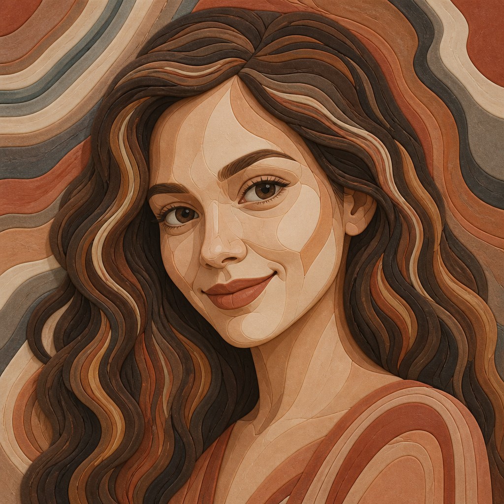 head-and-shoulders portrait of an original character: a young woman with wavy chestnut hair and a warm smile, plain soft backdrop