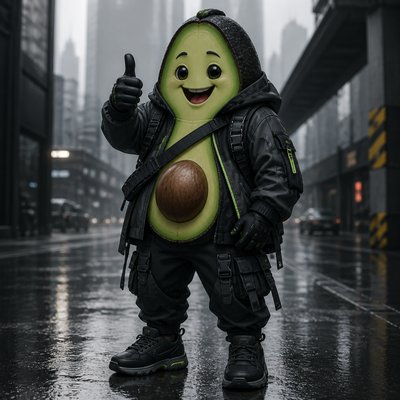 a happy avocado character giving a thumbs up, bold readable design on a plain background, no text