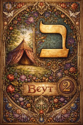 A picture of the Hebrew letter Beyt including both the paleo symbol of the bedouin tent meaning and also the modern Hebrew Beyt symbol  ב  , the number 2 and the name of the letter "Beyt" 