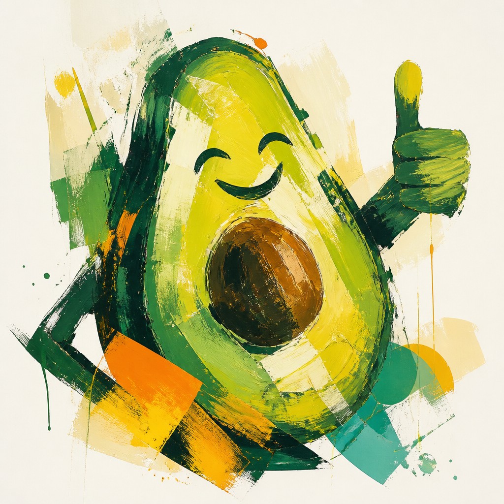 a happy avocado character giving a thumbs up, bold readable design on a plain background, no text
