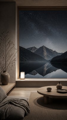 a tranquil mountain lake beneath a starry night sky, no people, no text