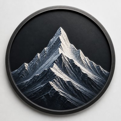 an emblem of a mountain peak inside a circle, simple bold shapes on a plain background, no text or lettering