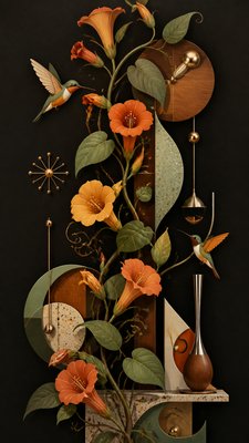 a climbing vine of flowers and hummingbirds on a dark background, tall wrapping composition, no text