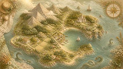 a map of an island realm with mountains, forests, a sheltered bay, sea monsters in the water and a compass rose, no text labels