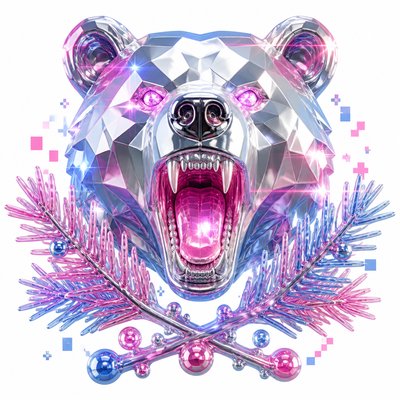 a roaring bear head above crossed pine branches, bold graphic composition on a plain background, no text