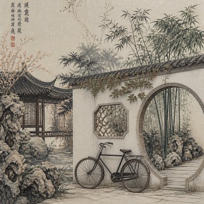 bicyle resting against a wall — Suzhou Art Style