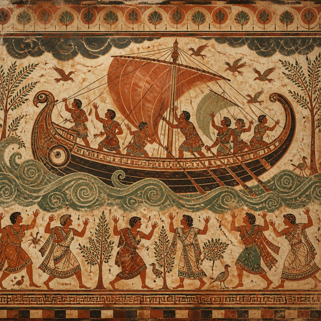 sailing ship on a stormy sea — Etruscan Art Style