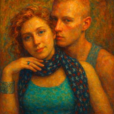 a painting of two people with a scarf around their neck