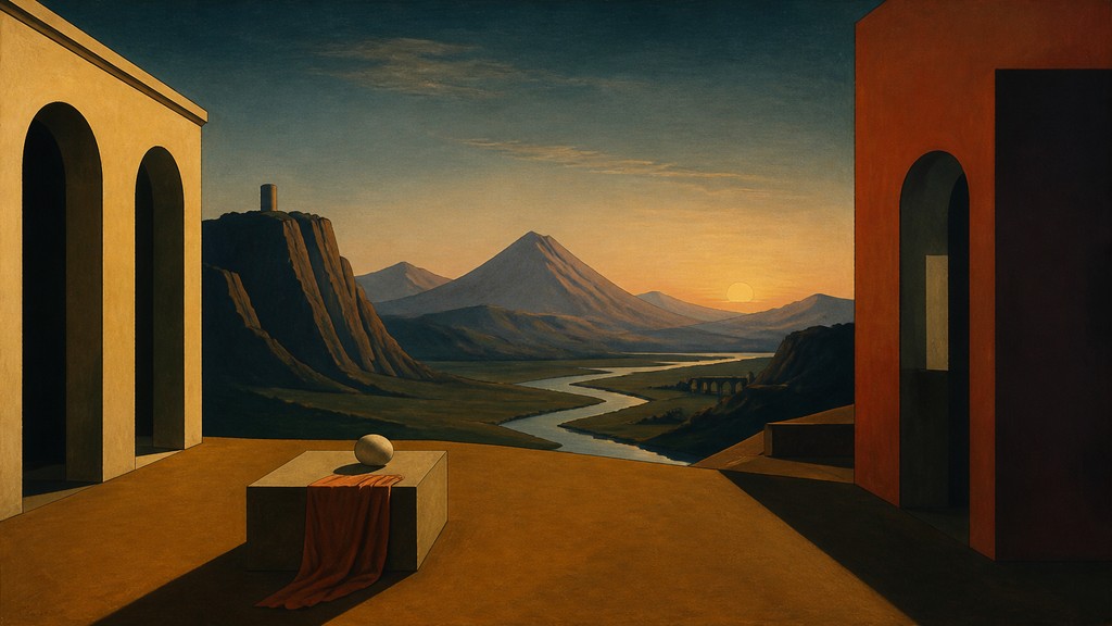 a vast valley with a river winding toward distant mountains at sunrise, no people, no text