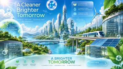 A vertical banner layout (9:16 aspect ratio) about Frutiger Aero and Eco-City aesthetics, balanced and not overly exaggerated. The top section features clear blue skies with soft white clouds, glossy translucent glass UI elements, and glowing aqua bubbles. The middle section shows a harmonious eco-city with futuristic architecture, clean renewable energy like solar panels and wind turbines, integrated seamlessly with lush green parks, rivers, and modern clean transit. The bottom section has clean modern typography space. Bright, optimistic color palette dominated by vibrant sky blue, fresh leaf green, polished glass reflections, and warm sunlight. Clean digital art style, high resolution, futuristic, utopian, and refreshing atmosphere.