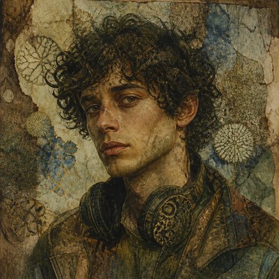 head-and-shoulders portrait of an original character: a young man with curly dark hair and headphones around his neck, plain backdrop, no text