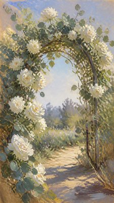 an arch of white roses and eucalyptus in soft morning light, elegant vertical composition with open space, no text