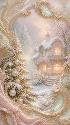 a snow-covered cottage with warm glowing windows beside a decorated pine tree, gentle snowfall, no text