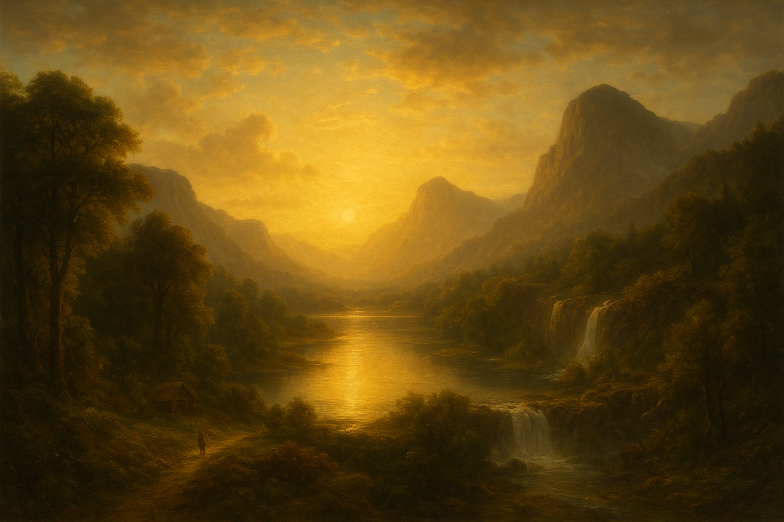 A majestic oil painting of an American landscape in the style of the Hudson River School, blending the epic vistas and vibrant atmospheric effects of Frederic Edwin Church with the heroic scale and dramatic light-shadow contrasts of Albert Bierstadt, infused with Luminist qualities of ethereal glow, soft atmospheric transitions, and concealed brushstrokes for a tranquil, meditative ambiance. Depict a vast river valley at dawn, with towering mountains in the distance, cascading waterfalls, lush forests, and a serene river reflecting golden sunlight; include subtle elements of human exploration such as a distant trail or cabin, rendered in intricate detail with rich colors, sublime grandeur, and divine illumination