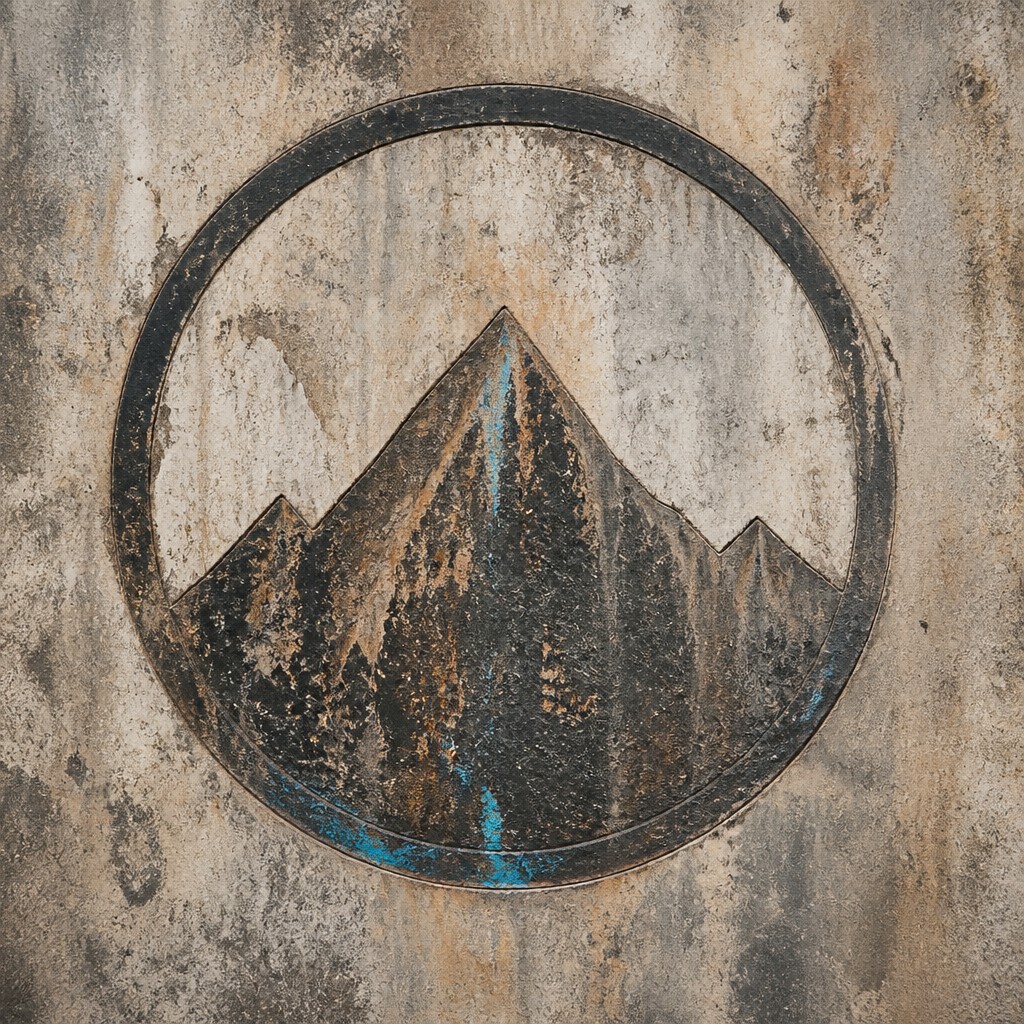 an emblem of a mountain peak inside a circle, simple bold shapes on a plain background, no text or lettering