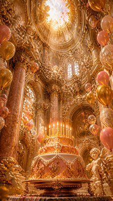 a birthday cake with lit candles surrounded by balloons and confetti, festive vertical composition, no text