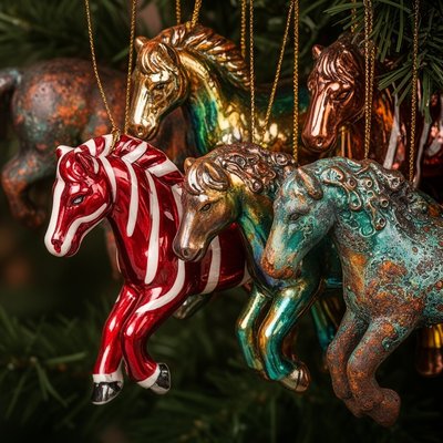 Ornament Rack of Tiny Horses
a collection of christmas ornaments shaped like tiny horses, glossy painted ceramic, metallic highlights, candy cane stripes, hand-painted details, dramatic holiday lighting, rich reds and greens, festive atmosphere