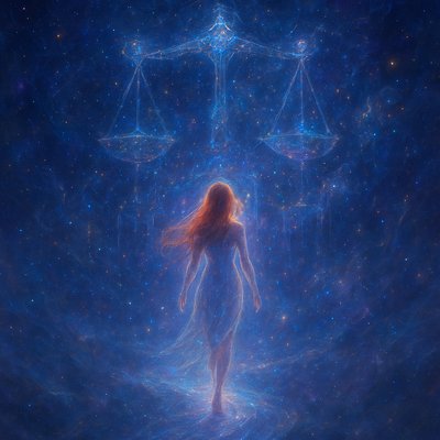 An ethereal and surreal depiction of a figure in a deep dream state, gracefully walking into the heart of the Mountain House constellation, also known as Libra. The figure is a lady with long, flowing red hair, translucent and luminous, radiating a soft inner light, suggesting her non-physical dream presence. She is stepping off a softly glowing, dream-like pathway or ethereal bridge that extends from a misty, dreamscape foreground into the vastness of space.

    The Mountain House (Libra) constellation is not just stars but appears as a majestic, floating celestial architecture – perhaps as ancient, star-dusted pillars, balanced cosmic scales, or glowing celestial doorways forming a 'mountain house' structure, built from nebulae and starlight. Within this constellation, gentle cosmic dust, shimmering gas clouds, and distant galaxies are visible, creating a sense of infinite depth.

    The dominant colors are soft blues, purples, and deep indigos of space, interwoven with golden and silver light emanating from the stars and the lady's luminous form and radiant red hair. There's a profound sense of peace, wonder, and weightlessness. The atmosphere is serene and magical, conveying the feeling of transcending physical reality and entering a realm of cosmic balance and ancient wisdom. The artistic style is highly fantastical and painterly, with a focus on glowing effects, subtle transparency, and a dreamlike composition.