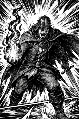 a black and white drawing of a man with a sword