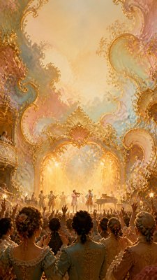 a live music scene with a glowing stage and silhouetted crowd, energetic vertical composition with open space at the top, no text
