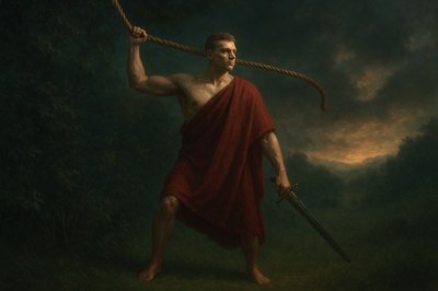 a painting of a man holding a rope and a sword