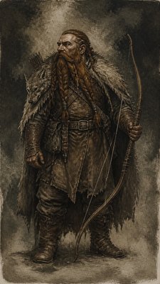 full-body original character: a dwarven ranger with a braided auburn beard, worn leather armor, a longbow and a wolf-pelt cloak, neutral background, no text