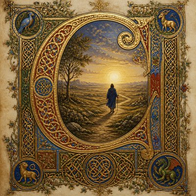 a solitary figure walking toward a glowing horizon across an empty plain, moody atmosphere, no text or lettering