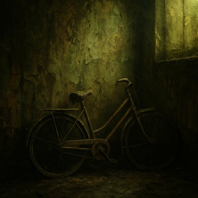 bicyle resting against a wall