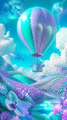 a hot air balloon drifting over rolling flower fields on a sunny day, cheerful, no text