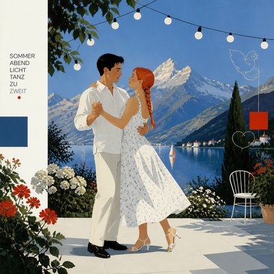 an original couple dancing under string lights in a garden at dusk: a man with short black hair in a linen shirt and a woman with braided red hair in a summer dress