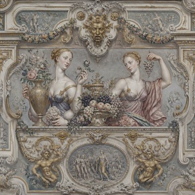 still life arrangement of fruits and flowers