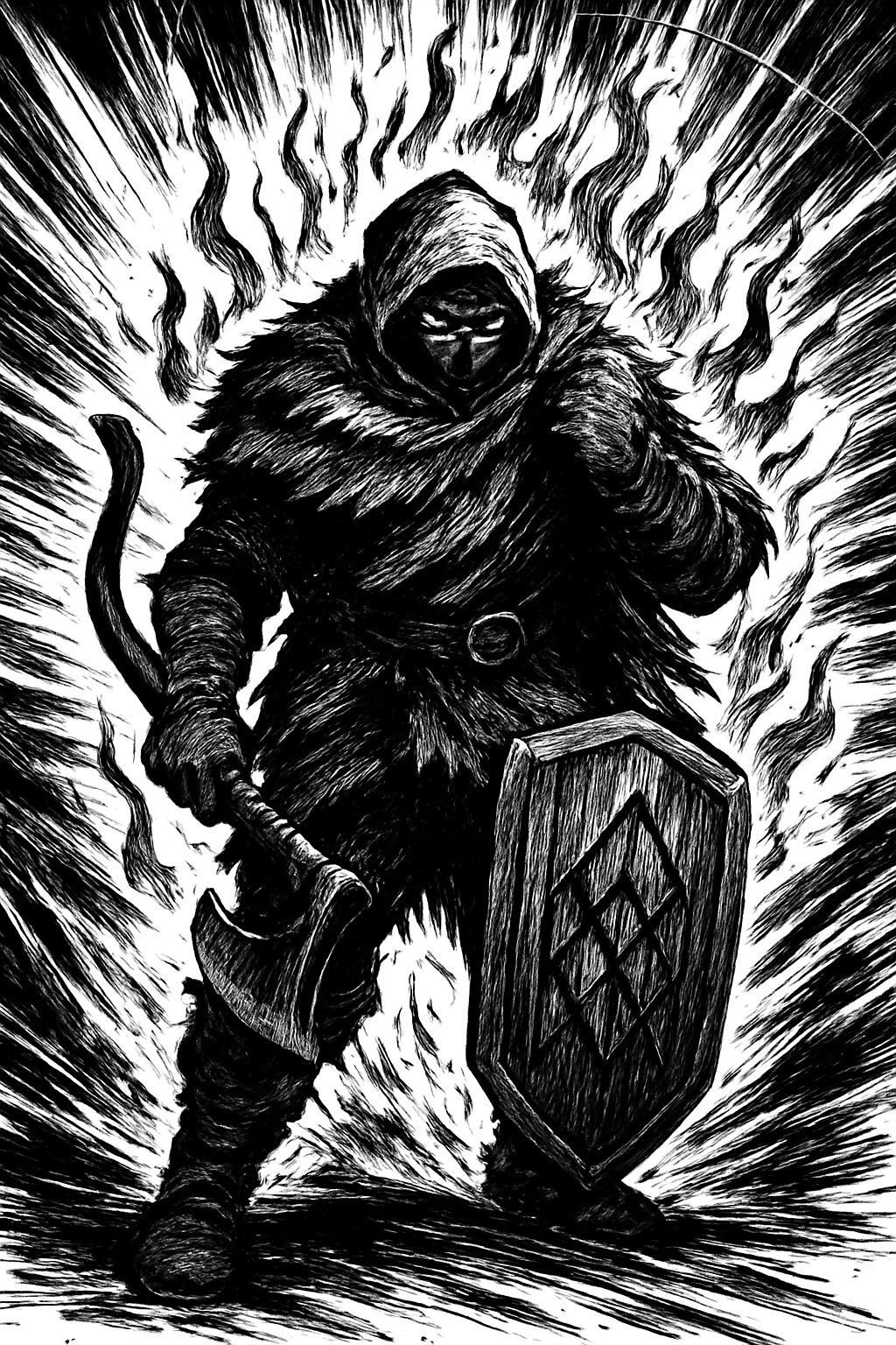 a drawing of a man with a sword and a shield