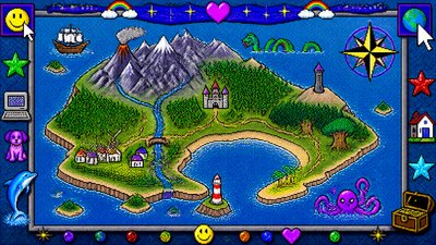 a map of an island realm with mountains, forests, a sheltered bay, sea monsters in the water and a compass rose, no text labels