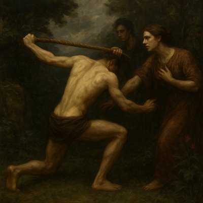 a painting of two men fighting each other