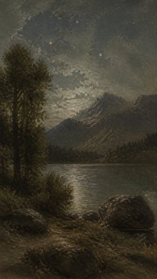 a tranquil mountain lake beneath a starry night sky, no people, no text