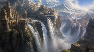 a cliffside city with waterfalls cascading into a misty canyon, wide establishing shot, no people, no text