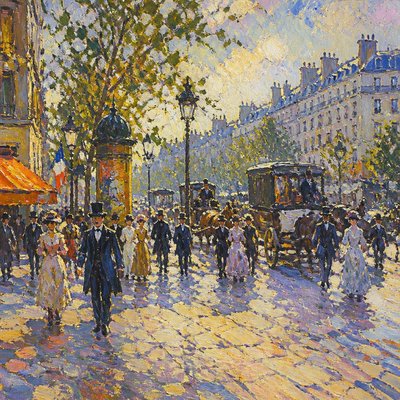 urban street with city activity — Impressionism Art Style
