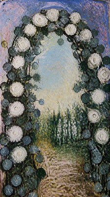 an arch of white roses and eucalyptus in soft morning light, elegant vertical composition with open space, no text