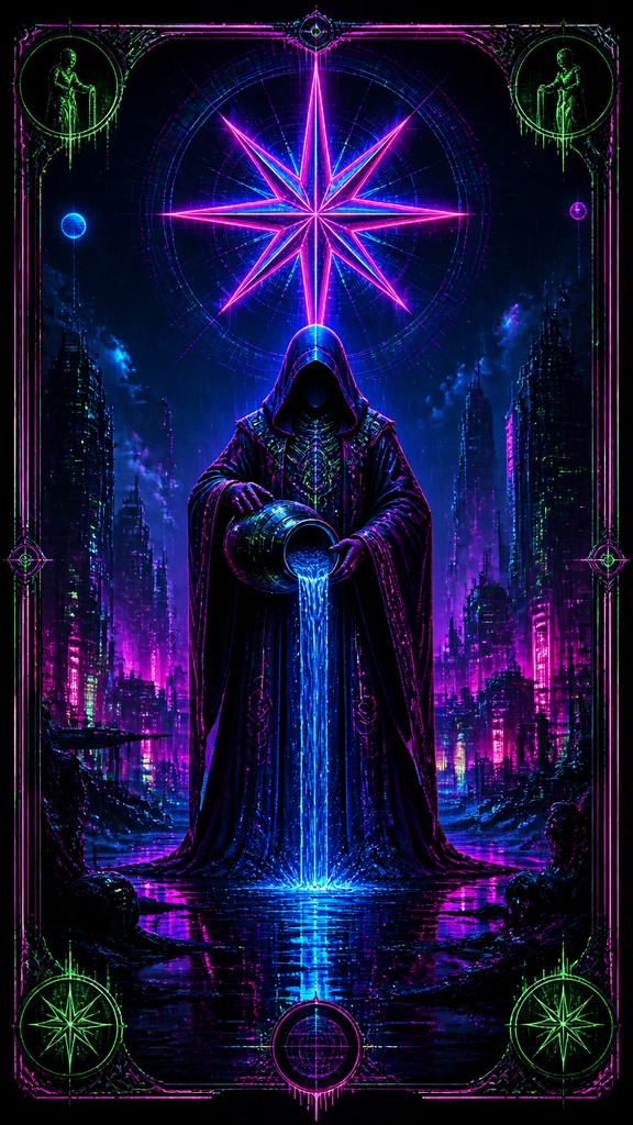 a robed figure pouring water beneath a large eight-pointed star in a night sky, symmetrical composition with an ornate decorative border, no text