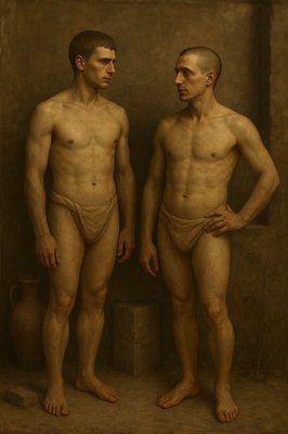 a painting of two men standing next to each other