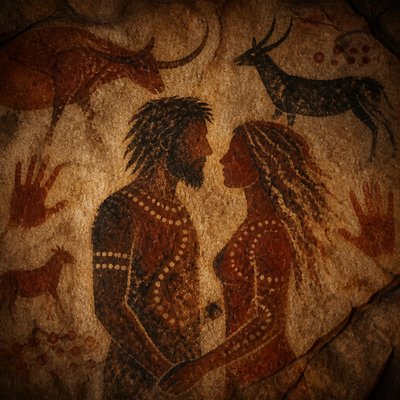 portrait of two people together — Prehistoric Cave Art Style