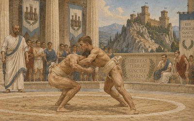 a painting of two men fighting in front of a crowd