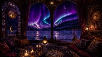 a sweeping aurora over a frozen lake, no people