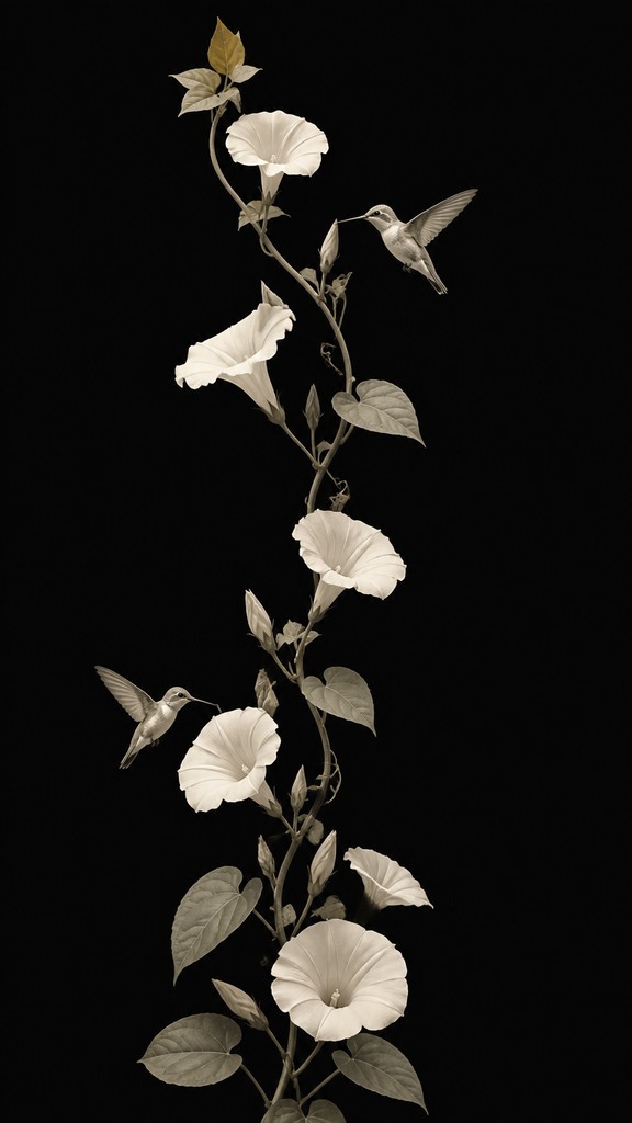 a climbing vine of flowers and hummingbirds on a dark background, tall wrapping composition, no text