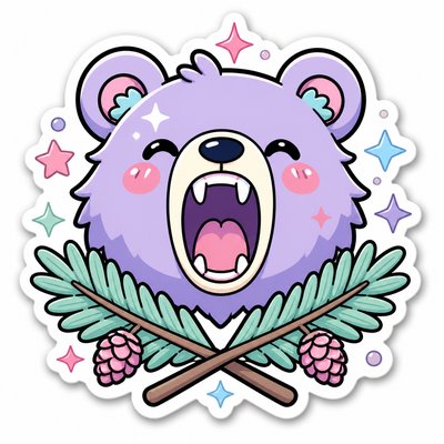 a roaring bear head above crossed pine branches, bold graphic composition on a plain background, no text