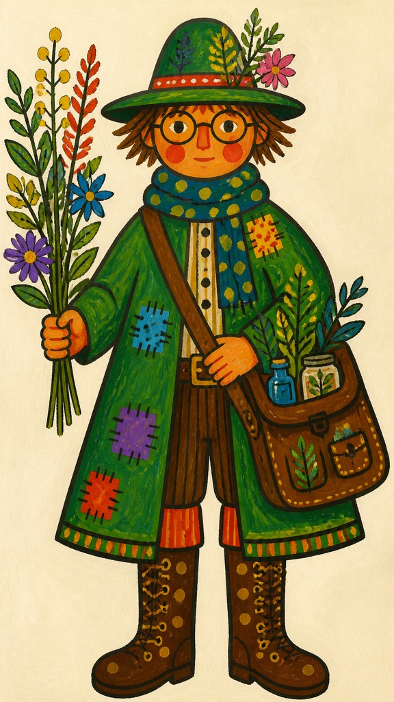 full-body original character: a wandering botanist with a satchel of plants, a patched green cloak, tall boots and round glasses, neutral background