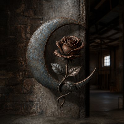 a rose entwined with a crescent moon, clean balanced composition on a plain background, no text