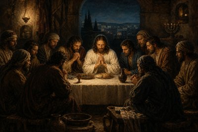 Jesus prays with his disciples at his last supper meal


