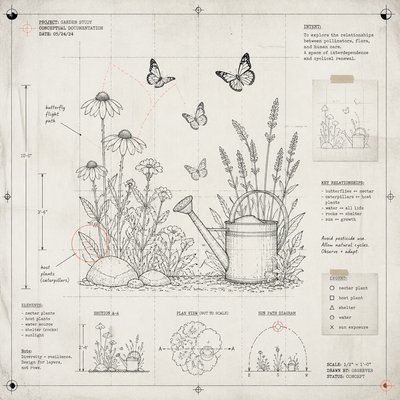 a garden scene with butterflies, flowers and a watering can, clean uncolored line art, no text